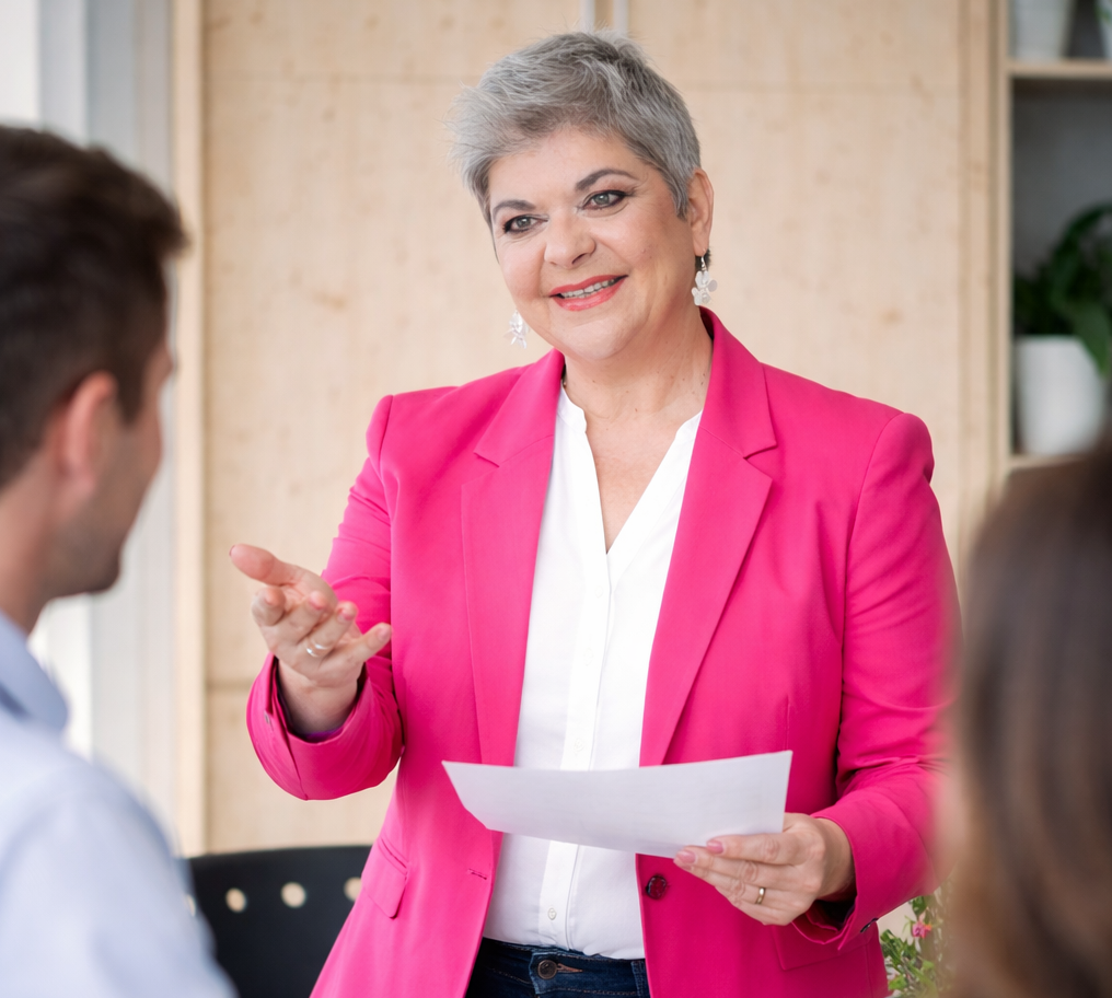 Karin Schürmann im Austausch mit zwei Führungskräften in einem Workshop. Eine typische Situation aus dem Passion Leader BASIC Programm: zuhören, klären, Verantwortung übernehmen.
