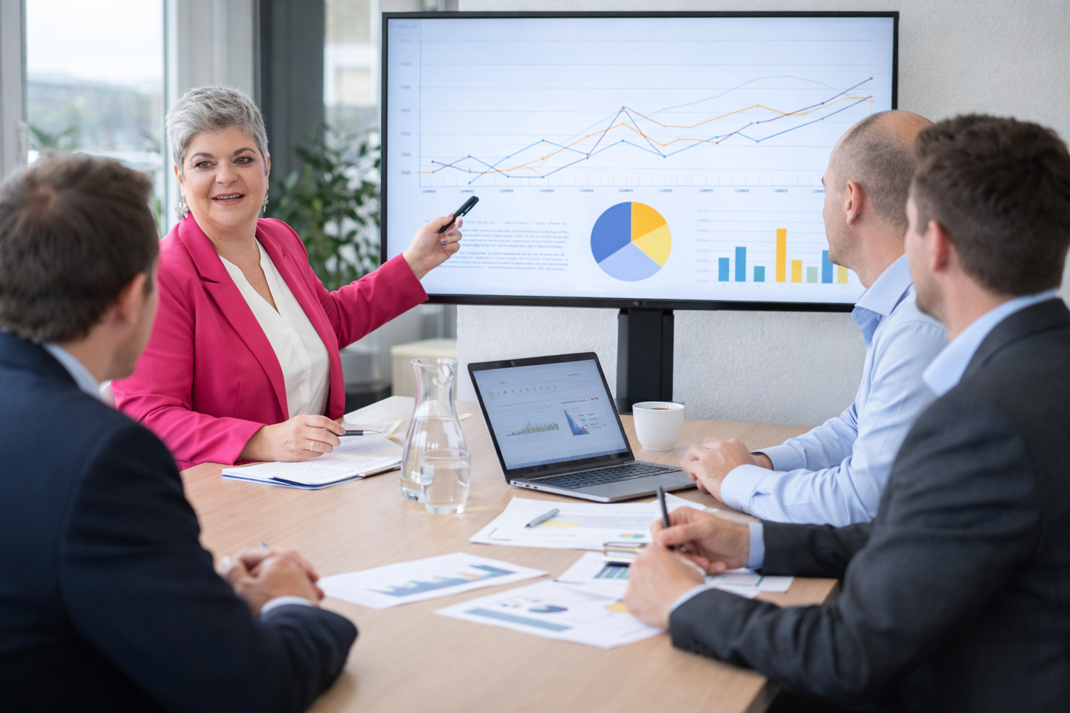 Karin Schürmann diskutiert mit Führungskräften strategische Führungsfragen und Governance-Themen in einem strukturierten Workshop.